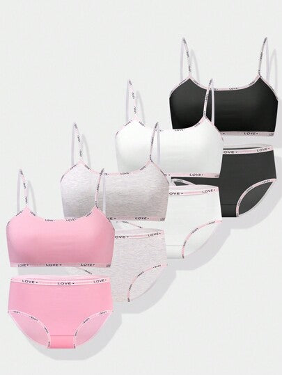 4 قطعة/طقم ملابس داخلية للفتيات البراءة - سوتيان على شكل قمصان برباط وسلكي ولا تحتوي على حشوات و سراويل داخلية مثلثة مُنفِّسة
