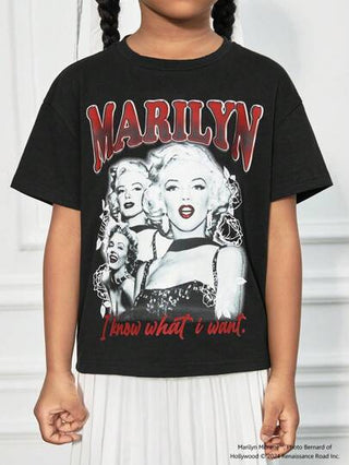 تيشيرتات بناتي Marilyn Monroe X تي شيرت قصير الأكمام بطاقم الرقبة للبنات الصغيرات مطبوع عليه حرف إنجليزي وأرقام قطعة واحدة لون أسود متعدد الاستخدامات كاجوال