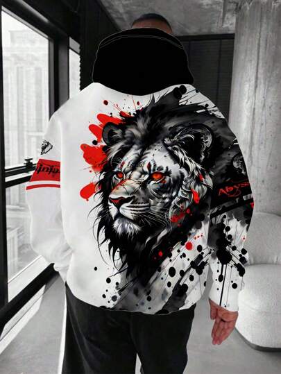 بلوزة رياضية مقلنسوة برباط خصر مع رسم أسد وطباعة نصية، كاجوال