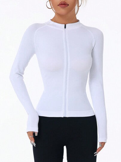 جاكيت رياضية مناسبة مزودة بسحاب أمامي وأكمام راجلان لون أحادي للنساء