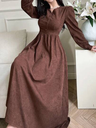 Modelyn فستان طويل بني للنساء للموسم الخريفي، لون واحد، كاجوال للنساء