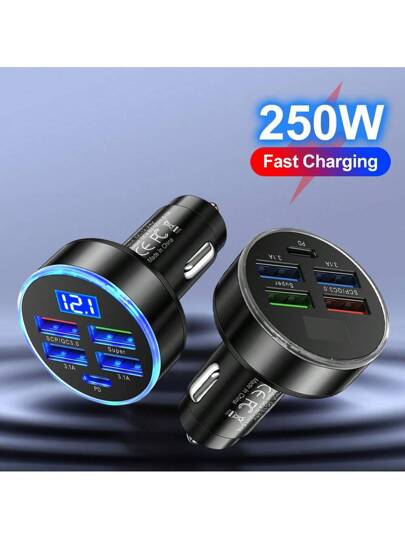شاحن سيارة 250 واط، 5 منافذ شحن PD + QC 3.0 سريع، شاحن هاتف للسيارة، 4 منافذ USB شاحن سيارة نوع C شحن سريع 3.0، اكسسوارات السيارات
