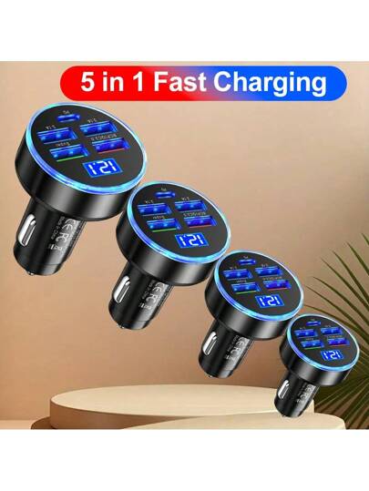 شاحن سيارة 250 واط، 5 منافذ شحن PD + QC 3.0 سريع، شاحن هاتف للسيارة، 4 منافذ USB شاحن سيارة نوع C شحن سريع 3.0، اكسسوارات السيارات