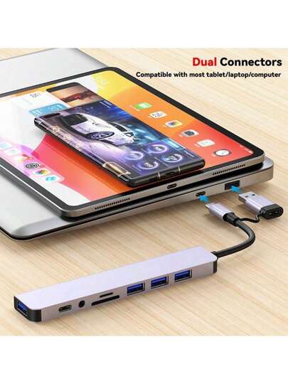 محور USBالمزدوج الطرض مع واجهات USB وTypeC, محور USB-C 8 منافذ، مع USB 3.0 ، USB 2.0 ، قارئ بطاقة Micro SD/TF ، ميكروفون/صوت، وواجهات أخرى ، مناسب لأجهزة USB-C للكمبيوتر المحمول وال- IMac وال- IPad Pro وأجهزة USB-C الأخرى