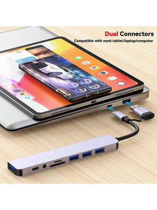 محور USBالمزدوج الطرض مع واجهات USB وTypeC, محور USB-C 8 منافذ، مع USB 3.0 ، USB 2.0 ، قارئ بطاقة Micro SD/TF ، ميكروفون/صوت، وواجهات أخرى ، مناسب لأجهزة USB-C للكمبيوتر المحمول وال- IMac وال- IPad Pro وأجهزة USB-C الأخرى