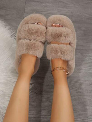 النعال الفرائية للنساء، موضة خارجية/داخلية سميكة من الفرو القابلة للإرتداء بدون أربطة, مانعة للإنزلاق، موسم الخريف/الشتاء 2023