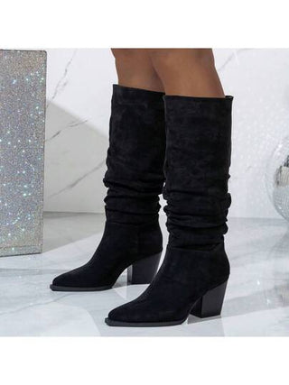 بوت نسائي كاجوال بطراز غربي فينتاج ، كعب سميك عالي بلون أسود، رؤوس مدببة من قماش المخمل الصناعي برسومات نمر بطيات دفع