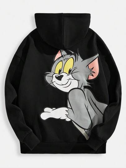 TOM & JERRY X SHEIN البلوزة الرياضية الفضفاضة ذات جيب أمامي مطبوع عليها حرف كرتوني للرجال، أسود، للربيع والخريف