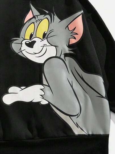 TOM & JERRY X SHEIN البلوزة الرياضية الفضفاضة ذات جيب أمامي مطبوع عليها حرف كرتوني للرجال، أسود، للربيع والخريف