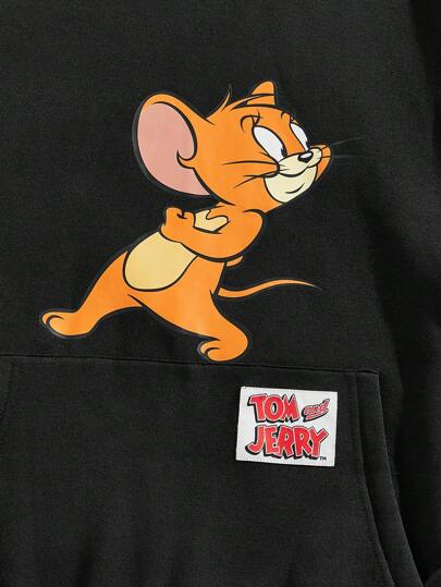 TOM & JERRY X SHEIN البلوزة الرياضية الفضفاضة ذات جيب أمامي مطبوع عليها حرف كرتوني للرجال، أسود، للربيع والخريف