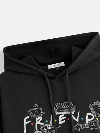 FRIENDS X SHEIN بلوزة رياضية ذات كابوشون بسحاب وطباعة حرفية منخفضة الكتف للرجال ، ربيع وخريف