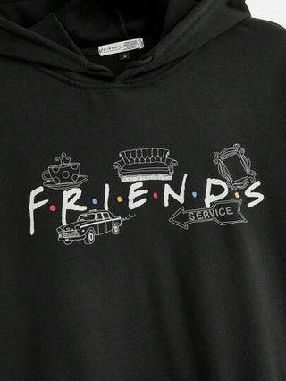 FRIENDS X SHEIN بلوزة رياضية ذات كابوشون بسحاب وطباعة حرفية منخفضة الكتف للرجال ، ربيع وخريف