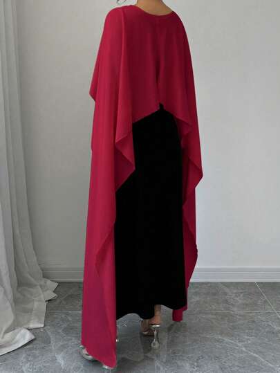 Elenzga فستان أنيق للمرأة مع تصميم الكتل اللونية بياقة دائرية وأكمام أجنحة الخفاش، موديل ربيع وصيف لون أحمر فاتح طويل