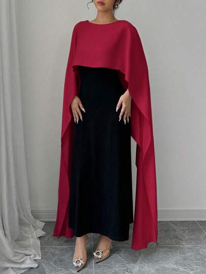 Elenzga فستان أنيق للمرأة مع تصميم الكتل اللونية بياقة دائرية وأكمام أجنحة الخفاش، موديل ربيع وصيف لون أحمر فاتح طويل