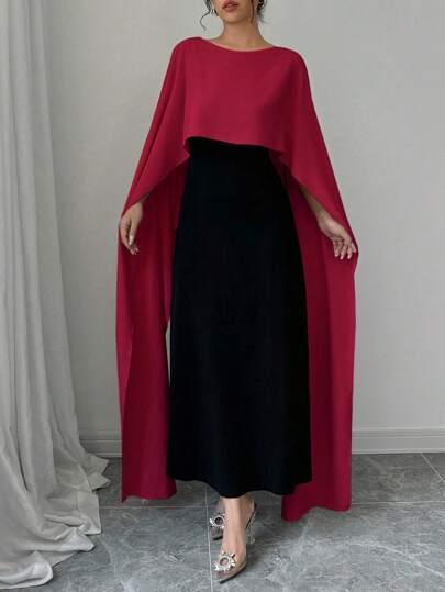 Elenzga فستان أنيق للمرأة مع تصميم الكتل اللونية بياقة دائرية وأكمام أجنحة الخفاش، موديل ربيع وصيف لون أحمر فاتح طويل