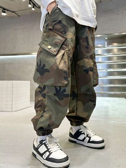 بنطلون كارجو كامو للشباب, بنطلون كارجو جيب رباط للمراهقين, بنطلون رياضي موضة الخريف للشباب