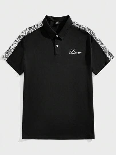 Manfinity VCAY قميص بولو قصير الأكمام مطبوع بطريقة كعكة بالرقع للرجال ، صيفي