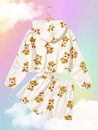 girls-sets X Care Bears مجموعة قطعتين من البلوزة ذات القلب والدب بقلنسوة والشورت للفتيات المراهقات
