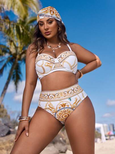 Swim Vcay مجموعة بكيني سباغيتي مع طبعات ذات مقاس كبير 3 قطع للصيف