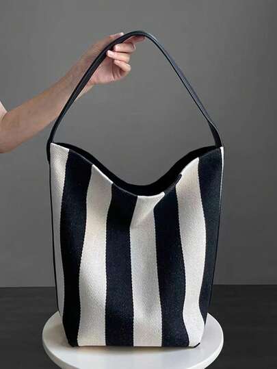 حقيبة كانفاس ذات تصميم مخطط عصري، بتصميم رقع أبيض وأسود، سعة كبيرة، حزام كتف، أنيقة وبسيطة، مناسبة للعمل والكلية والسفر والاستخدام اليومي