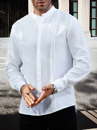 Manfinity Homme قميص كاجوال أساسي بأكمام طويلة منقوع للرجال للربيع/الخريف ، لزوج أبيض أكمام طويلة للرجال، قميص أبيض كم طويل للرجال