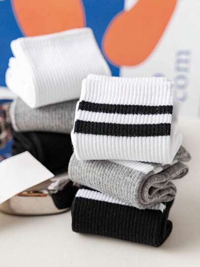 1/3/6أزواج أسود/أبيض/رمادي جوارب متوسطة الأطراف بخطين متصلين ذات لون صلب، للأنشطة في الهواء الطلق. جوارب كاجوال متوسطة الأطراف للجنسين. جوارب شتوية للجنسين ، جوارب سميكة جوارب عالية