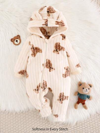 Cozy Pixies بدلة نوم مقنعة للأطفال الرضع من الجنس الأذكر بتصميم الدب الكرتوني سميكة