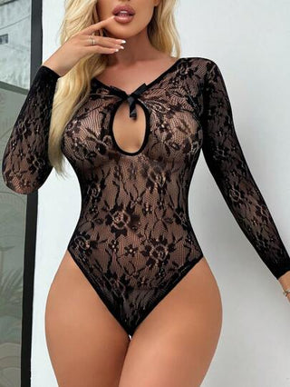 لانجيري حريمي Classic Sexy ملابس داخلية نسائية مثيرة قطعة واحدة ، ملابس علوية شفافة سوداء أكمام طويلة منقوبة وذات فيونكة