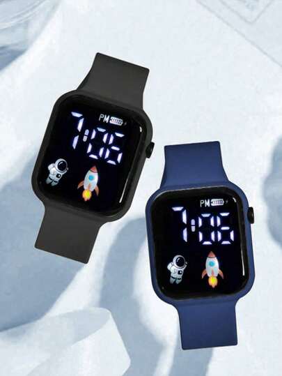 ساعة رياضية رقمية مربعة للأطفال 2قطعة و 2قطعة سوار شرابة رائد فضاء، هدية صداقة للأطفال الجنسين