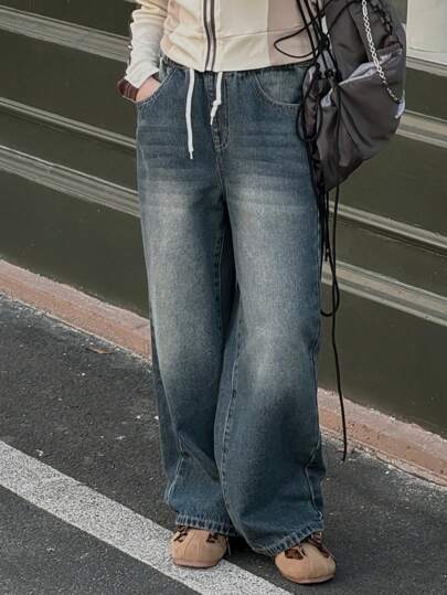 DAZY جينز مرتخي البناطيل ذو ساق منفرجة وجيب بحبل للفتيات المراهقات