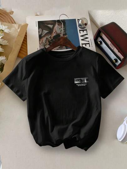 تي شيرت صيفي للأولاد مطبوع برسم نحتي بأكمام قصيرة وياقة دائرية