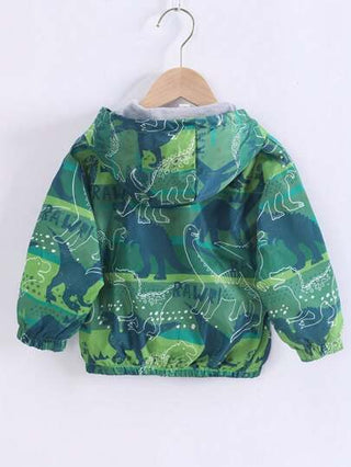 جاكيت بغطاء رأس مزينة بطباعة حرف الديناصور وجيب على الزيبر، ملابس خارجية للأولاد