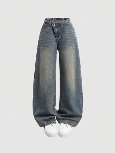 SHEIN Girlism بنطلون جينز واسع الساق ألوان مبهتة عتيقة بخصر مائل أسيمتري، موضة صغيرات عام 2000 ،ملابس بنات موسم الخريف، أزياء للرجوع إلى المدرسة