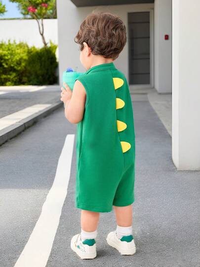 SHEIN رومبر لولبي لطيف للأطفال الرضع، بدون أكمام، محبوك، بلون يحاكي الديناصورات الكرتونية الممتعة، صيفي