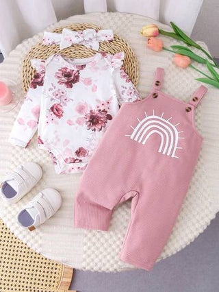 SHEIN مجموعة وشاح وبناطيل وسروال تريكو بنمط زهري مطبوع للرضع من الفتيات في فصل الخريف والشتاء