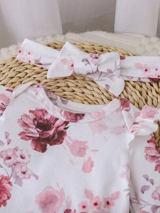 SHEIN مجموعة وشاح وبناطيل وسروال تريكو بنمط زهري مطبوع للرضع من الفتيات في فصل الخريف والشتاء