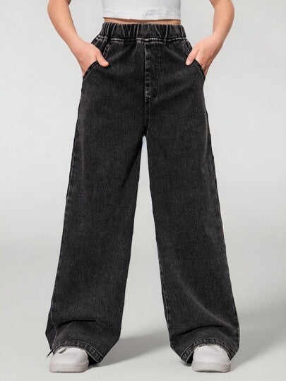 SHEIN سروال جينز واسع للفتيات الصغيرات ذو أسلوب عادي و بسيط مع جيوب مائلة وأسلوب متعدد الاستخدامات