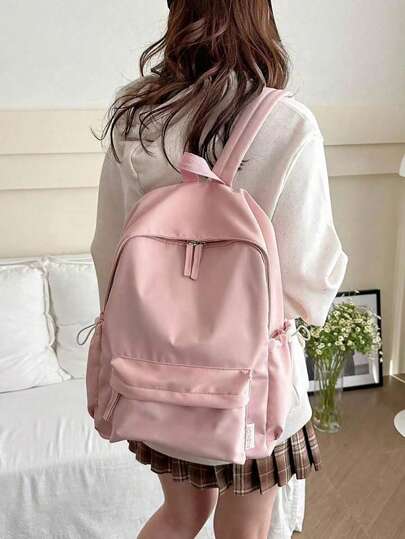 1 قطعة حقيبة ظهر بسيطة مع إغلاق سحاب ، ذات لون أحادي عصري وشامل ، مناسبة للاستخدام اليومي ، حقيبة ظهر ، حقيبة مدرسية ، حقيبة كتب ، حقيبة ، ذات لون وردي صغيرة مثالية للمدرسة
