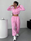 SHEIN EZwear مجموعة هودي قصيرة مزحلقة وبنطلون رياضي مريح للنساء من قطعة واحدة باللون الأساسي