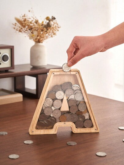 زجاجة توفير خشبية شفافة 1 قطعة، صندوق مال خشبي مزخرف بحروف الأبجدية الإنجليزية ال-26، هدية عطلات فاخرة وعصرية للاحتفال بعيد الشكر والميلاد