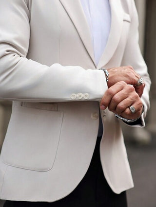 Manfinity Mode بدلة رسمية قصيرة بياقة مضلعة بأكمام طويلة للرجال، لون سادة، للربيع / الخريف