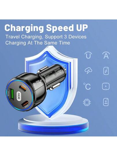 1 جهاز شاحن سيارة متعدد المنافذ USB كلي الطاقة 90 واط، نوع C 2 بد، شاحن هاتف سريع 3.0 شحن سريع، متوافق مع أجهزة و iPad وهواتف الأندرويد واللابتوب، بتصميم مدمج آمن وكفؤ للشحن أثناء التنقل، هدايا لأفراد العائلة والأصدقاء والأطفال وأعياد الميلاد والكريسماس و