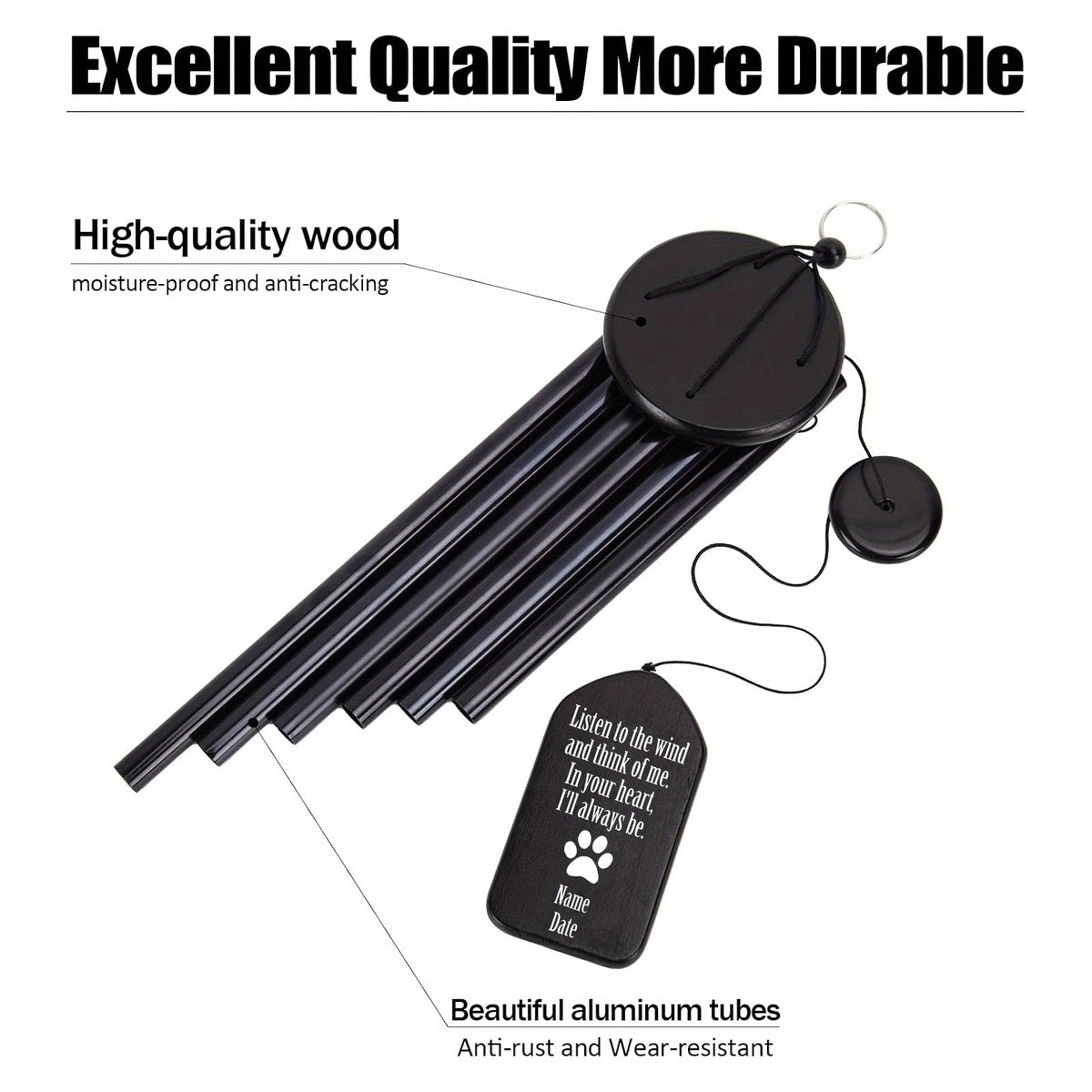 جرس رياح تذكاري مخصص للحيوانات الأليفة - نقش اسم الكلب أو القط حسب الطلب، جرس رياح أنبوب خشبي مع رسالة مهدئة، هدية الحزن لفقدان الحيوان الأليف، زينة للحديقة أو المنزل