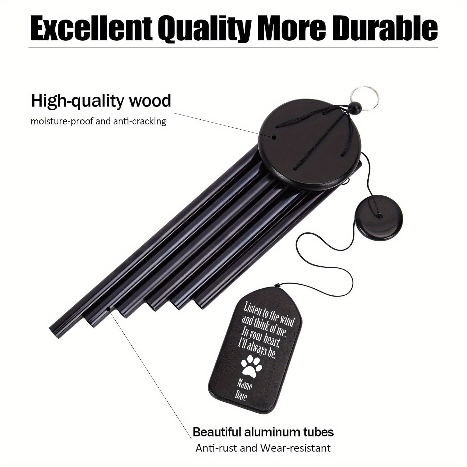 جرس رياح تذكاري مخصص للحيوانات الأليفة - نقش اسم الكلب أو القط حسب الطلب، جرس رياح أنبوب خشبي مع رسالة مهدئة، هدية الحزن لفقدان الحيوان الأليف، زينة للحديقة أو المنزل
