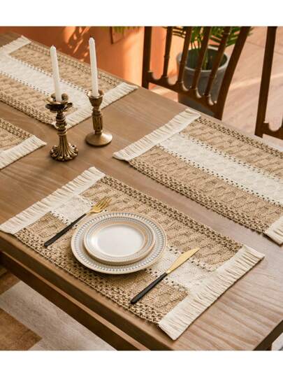 مفارش مائدة كتان 1/4/8 قطعة ، مفارش مائدة مزخرفة بغرزة الكمة بطراز ريفي لطاولة المطبخ