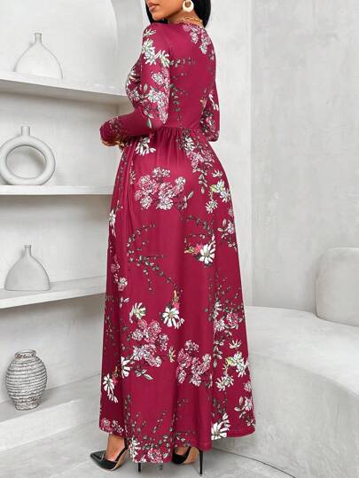 Clasi فستان طويل رسمي مستدير الرقبة بأكمام طويلة نسائي من الكاجوال مطبوع بزهور كبيرة المقاس مع لون بوردو