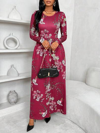 Clasi فستان طويل رسمي مستدير الرقبة بأكمام طويلة نسائي من الكاجوال مطبوع بزهور كبيرة المقاس مع لون بوردو