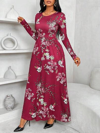Clasi فستان طويل رسمي مستدير الرقبة بأكمام طويلة نسائي من الكاجوال مطبوع بزهور كبيرة المقاس مع لون بوردو