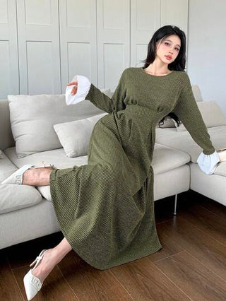 Mulvari فستان ملون بياقة مستديرة وكتف منخفض للنساء، ربيع وخريف
