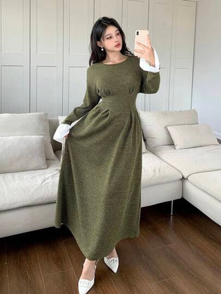 Mulvari فستان ملون بياقة مستديرة وكتف منخفض للنساء، ربيع وخريف